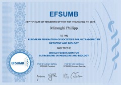 Сертификат Миранги Филиппа Шалвовича - Членство Европейской федерации ассоциаций по ультразвуку в медицине и биологии (EFSUMB) в 2022-2023 годах